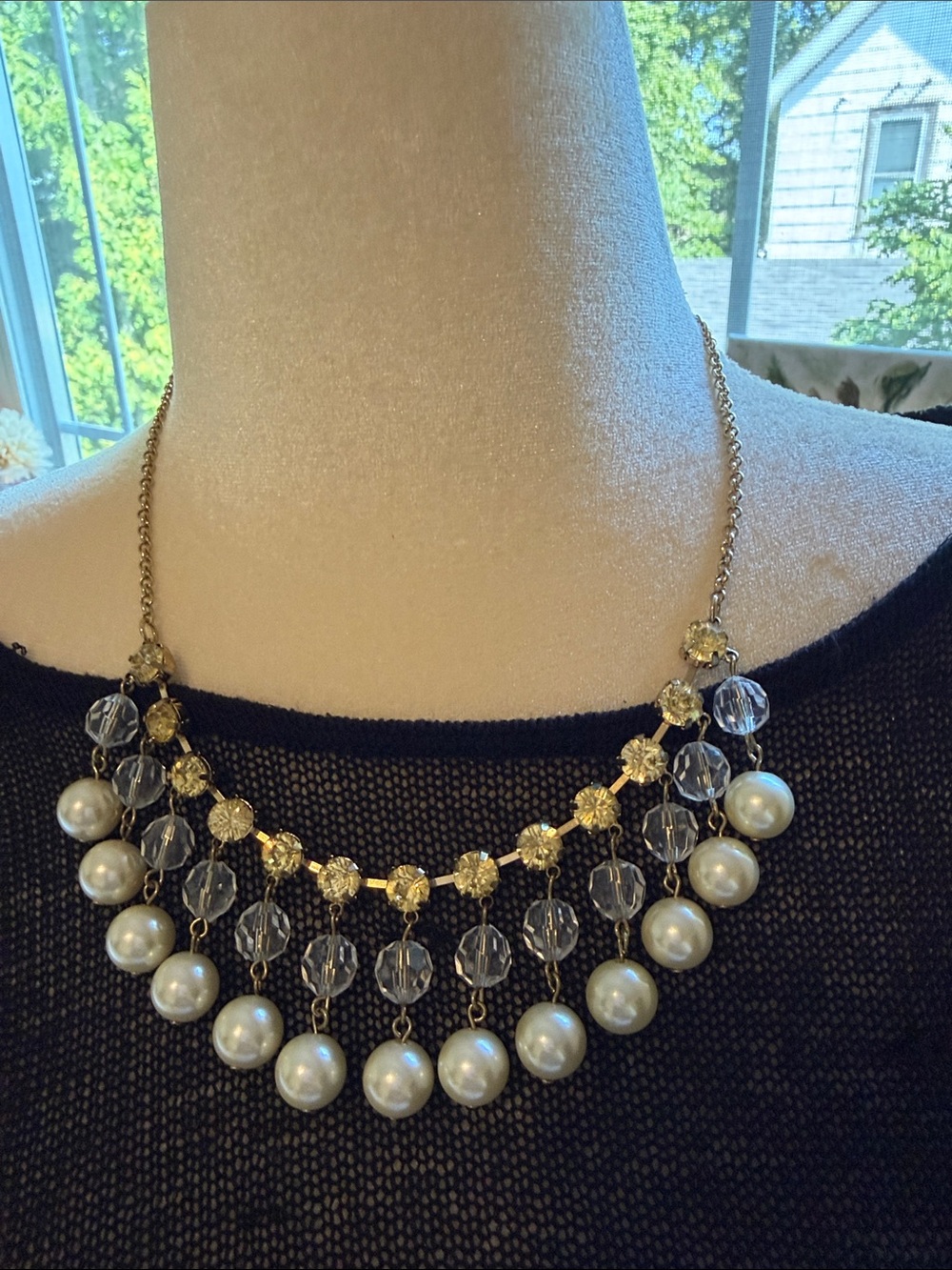 Gold-Tone Pearl & Crystal Statement Necklace - Elegant Women Jewelry